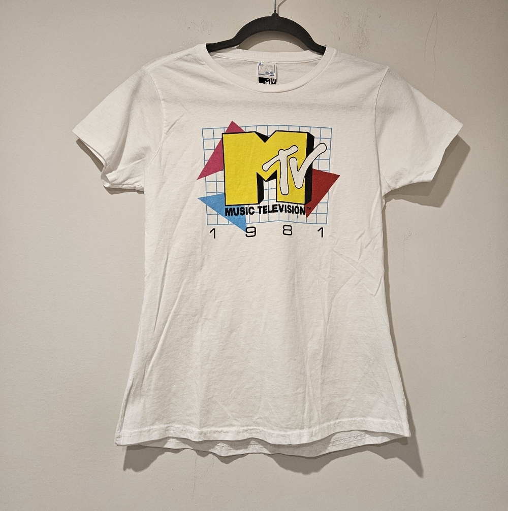 MTV Women's White Tee with Colorful Graphic, Size Small